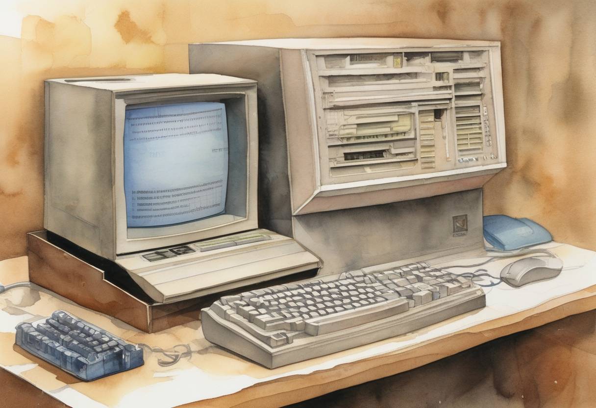 Watercolor painting based depiction of IBM introduced its first personal computer, the IBM 5150, which played a pivotal role in the development and popularization of personal computing. (1981)