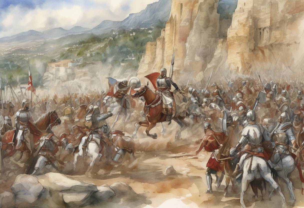 Watercolor painting based depiction of The Battle of Guadalete begins, marking the start of the Muslim conquest of the Iberian Peninsula. The forces of the Umayyad Caliphate, led by Tariq ibn Ziyad, faced the Visigothic army under King Roderic. (711)
