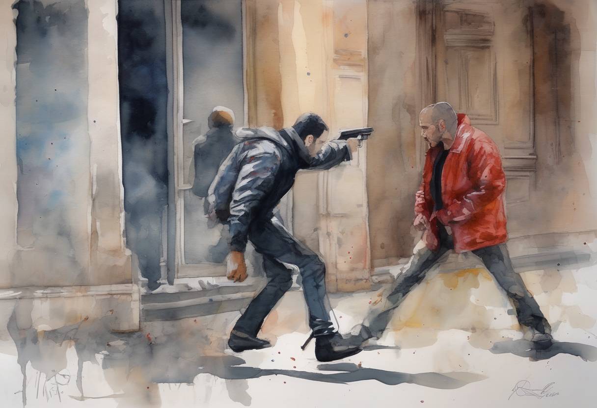 Watercolor painting based depiction of The French gunman Mohamed Merah is killed by police after a 32-hour standoff in Toulouse, France. Merah was responsible for a series of shootings that resulted in the deaths of seven people, including three children, at a Jewish school. (2012)