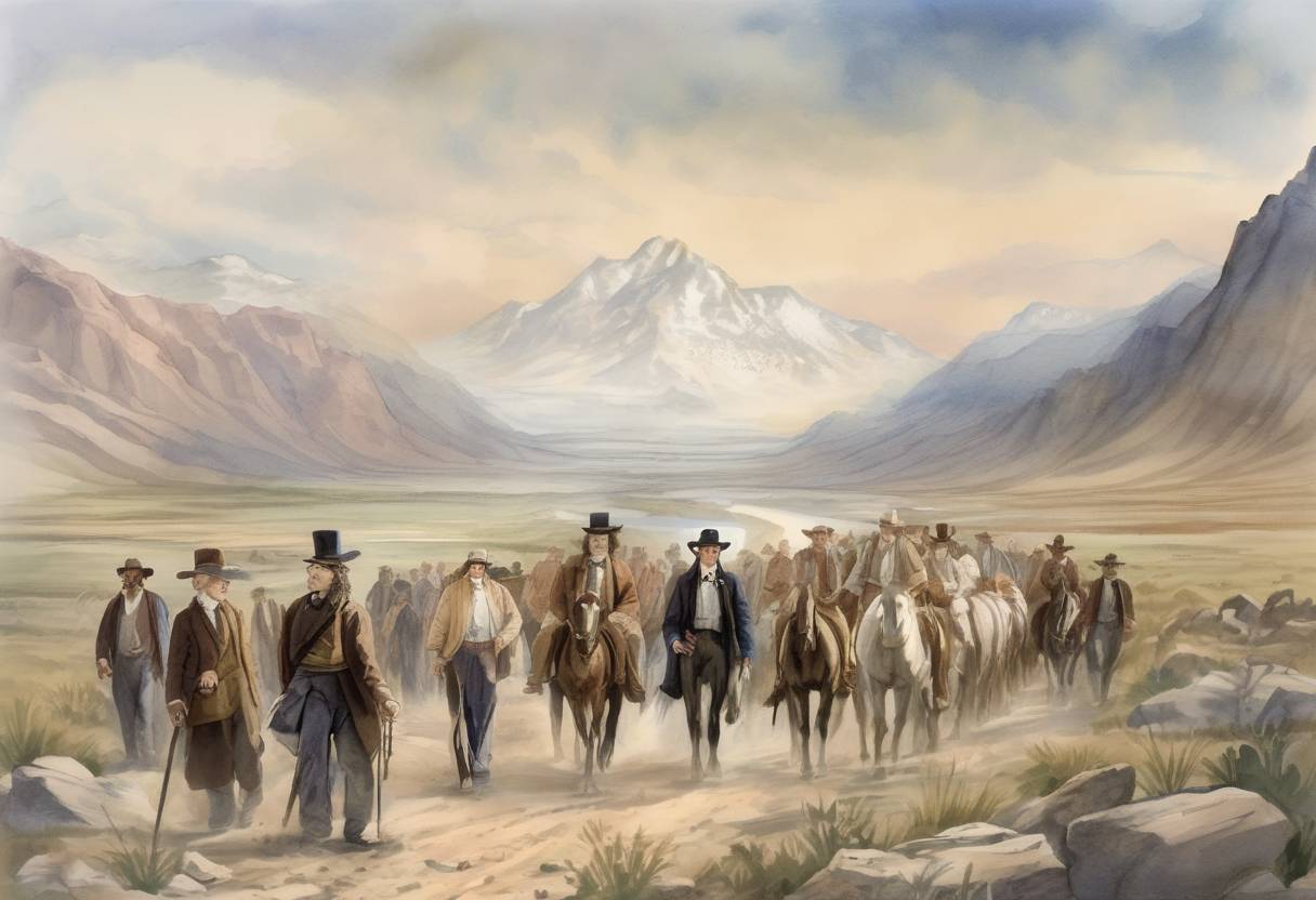 Watercolor painting based depiction of Brigham Young leads 148 Mormon pioneers into Utah's Valley of the Great Salt Lake. (1847)