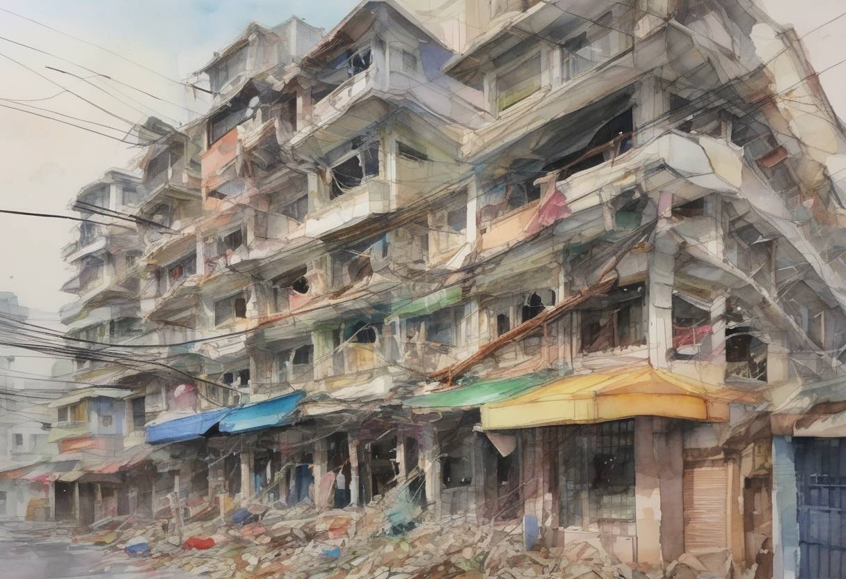 Watercolor painting based depiction of A magnitude 6.4 earthquake struck southern Taiwan, causing widespread damage and resulting in the collapse of a residential building in Tainan, leading to 117 deaths. (2016)
