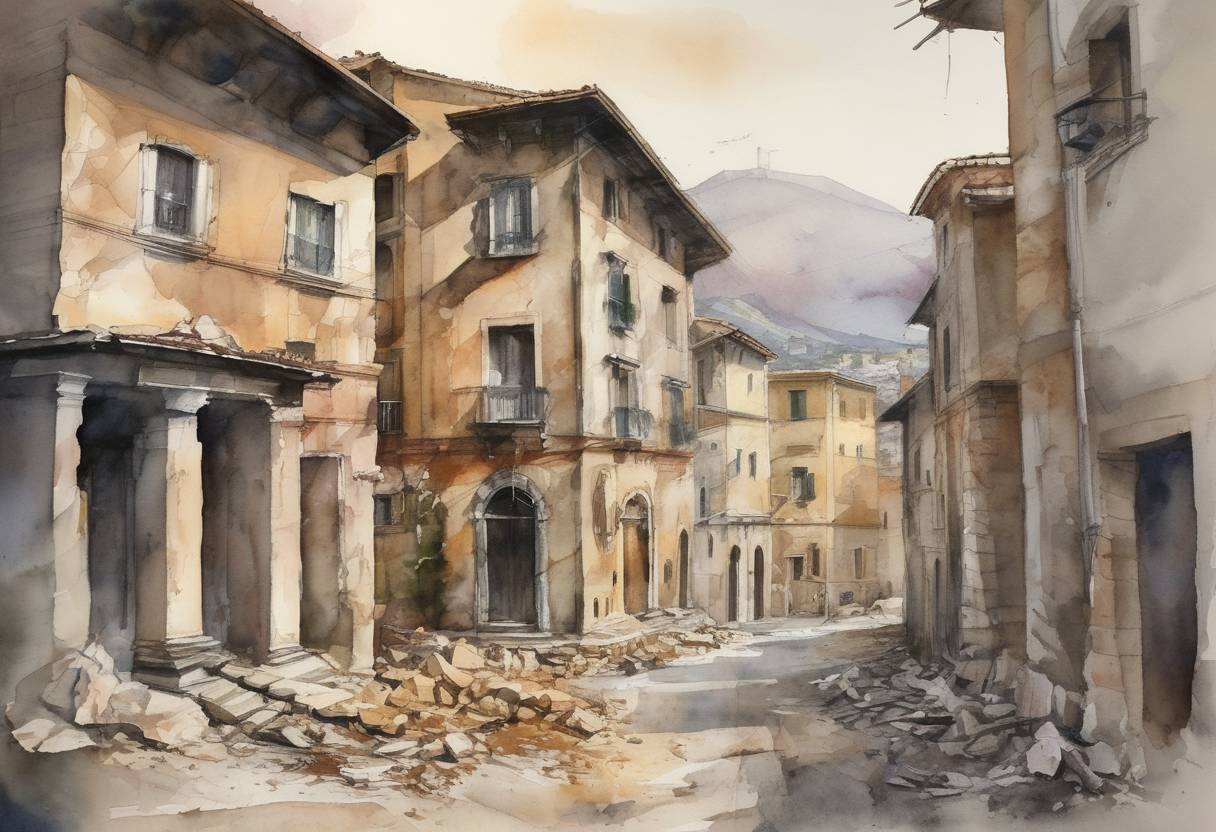 Watercolor painting based depiction of A 6.3 magnitude earthquake struck L'Aquila in central Italy, resulting in significant destruction and loss of life. (2009)