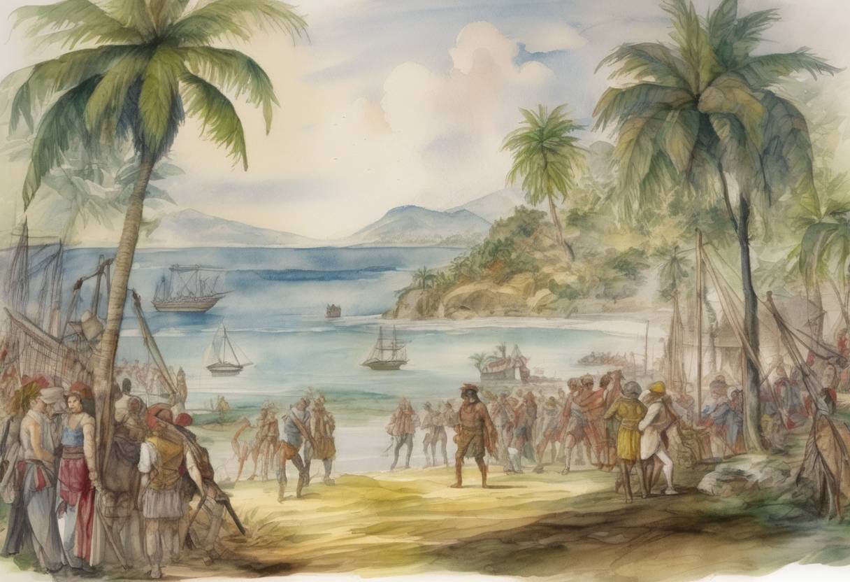 Watercolor painting based depiction of Christopher Columbus lands on the island of Jamaica and claims it for Spain. (1494)