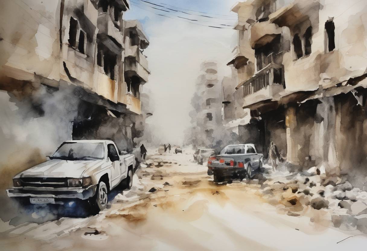 Watercolor painting based depiction of A chemical attack occurred in the Ghouta region of Damascus, Syria, during the Syrian Civil War. The attack involved the use of sarin gas and resulted in significant civilian casualties. (2013)