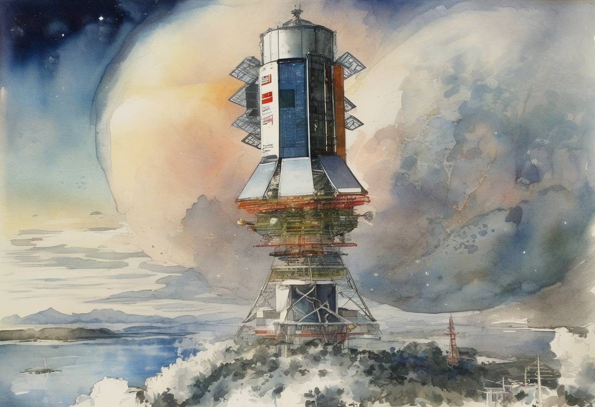 Watercolor painting based depiction of Japan launches its first satellite, Ohsumi, becoming the fourth nation to send a satellite into orbit. (1970)