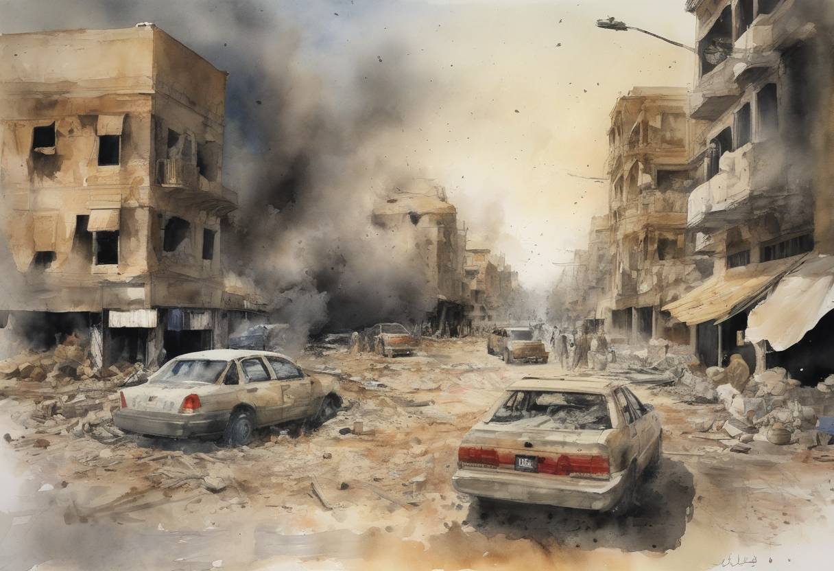 Watercolor painting based depiction of A series of bombings in Baghdad, Iraq, killed nearly 200 people, marking one of the deadliest days in the city since the 2003 invasion. (2007)