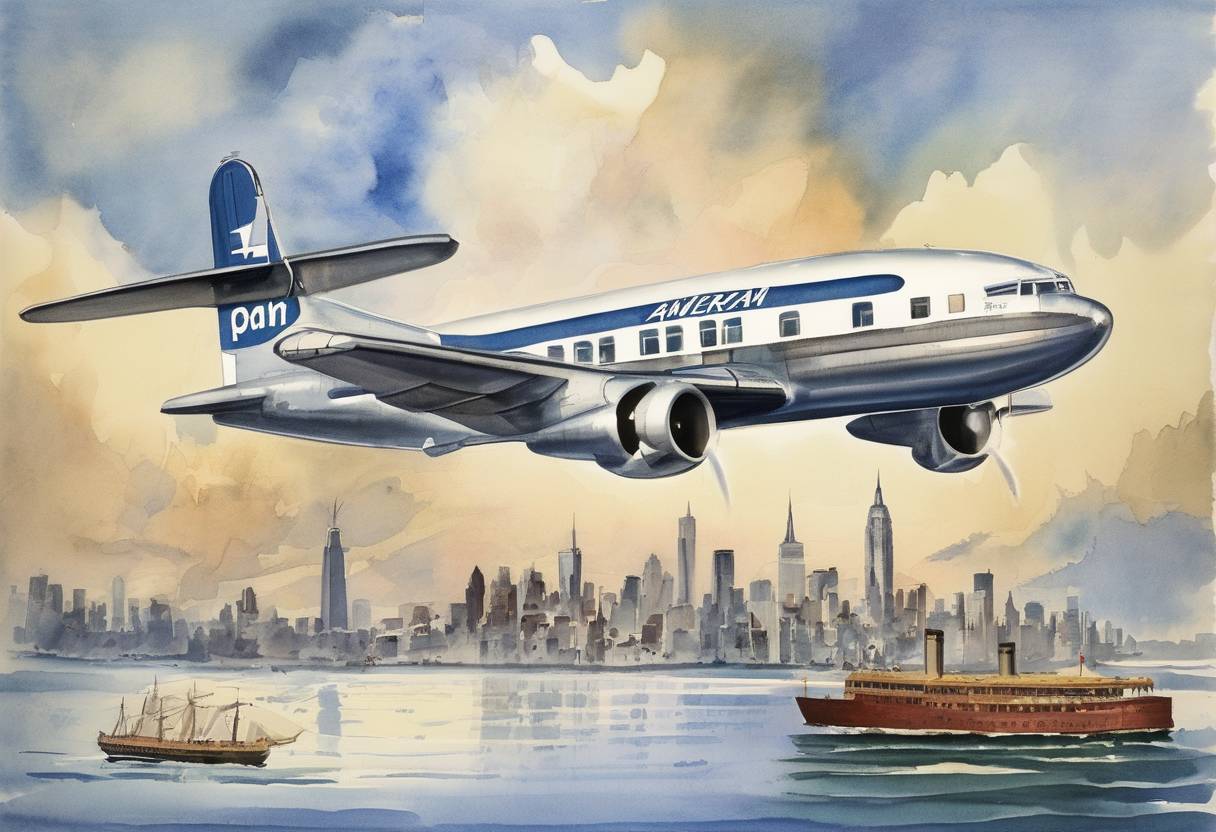 Watercolor painting based depiction of Pan American Airlines became the first commercial airline to offer a round-the-world ticket. (1947)