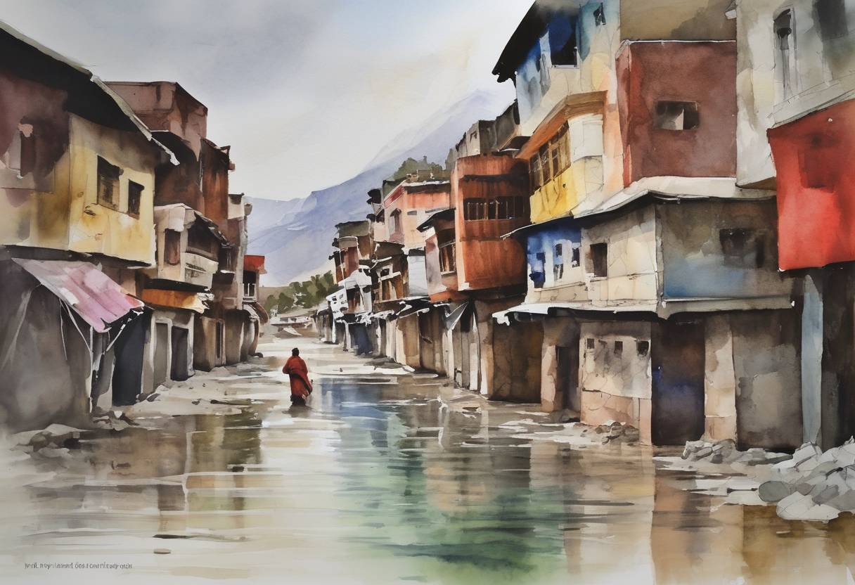 Watercolor painting based depiction of The 2010 Ladakh floods occurred in the Leh district of Jammu and Kashmir, India, resulting in significant loss of life and property. (2010)