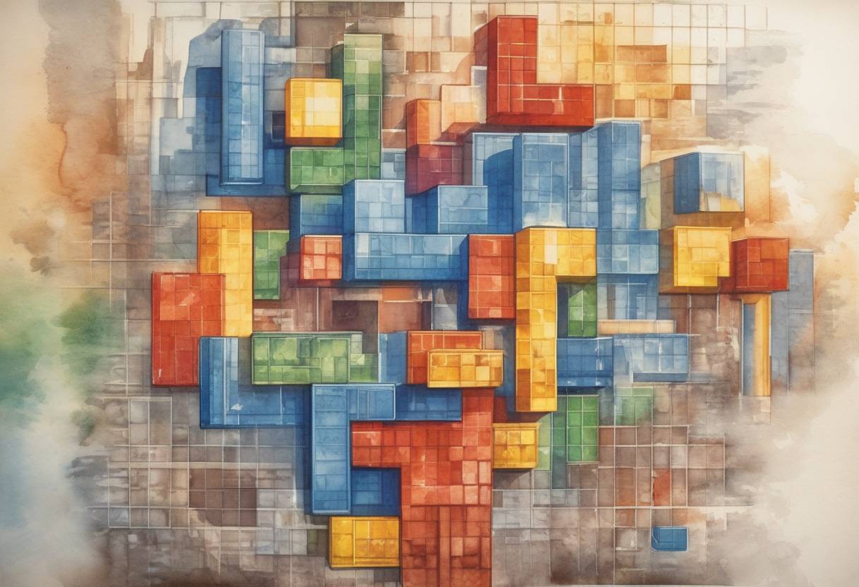 Watercolor painting based depiction of The video game Tetris was released in the Soviet Union. (1984)