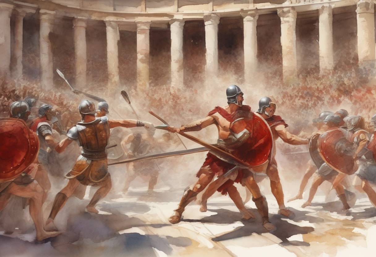 Watercolor painting based depiction of The last known gladiatorial games were held in Rome. These games were part of a long tradition of public spectacles in the Roman Empire. (404)
