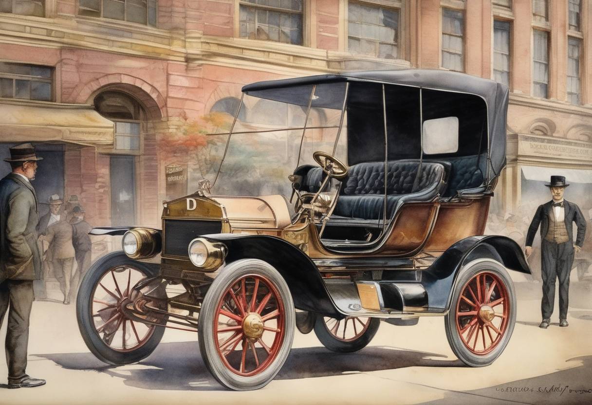 Watercolor painting based depiction of The Ford Motor Company was incorporated by Henry Ford and a group of investors, marking the beginning of one of the most influential automobile companies in history. (1903)