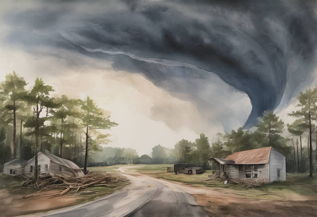 Watercolor painting based depiction of A tornado outbreak in the Southeastern United States resulted in 23 fatalities, with the most significant damage occurring in Lee County, Alabama. (2019)