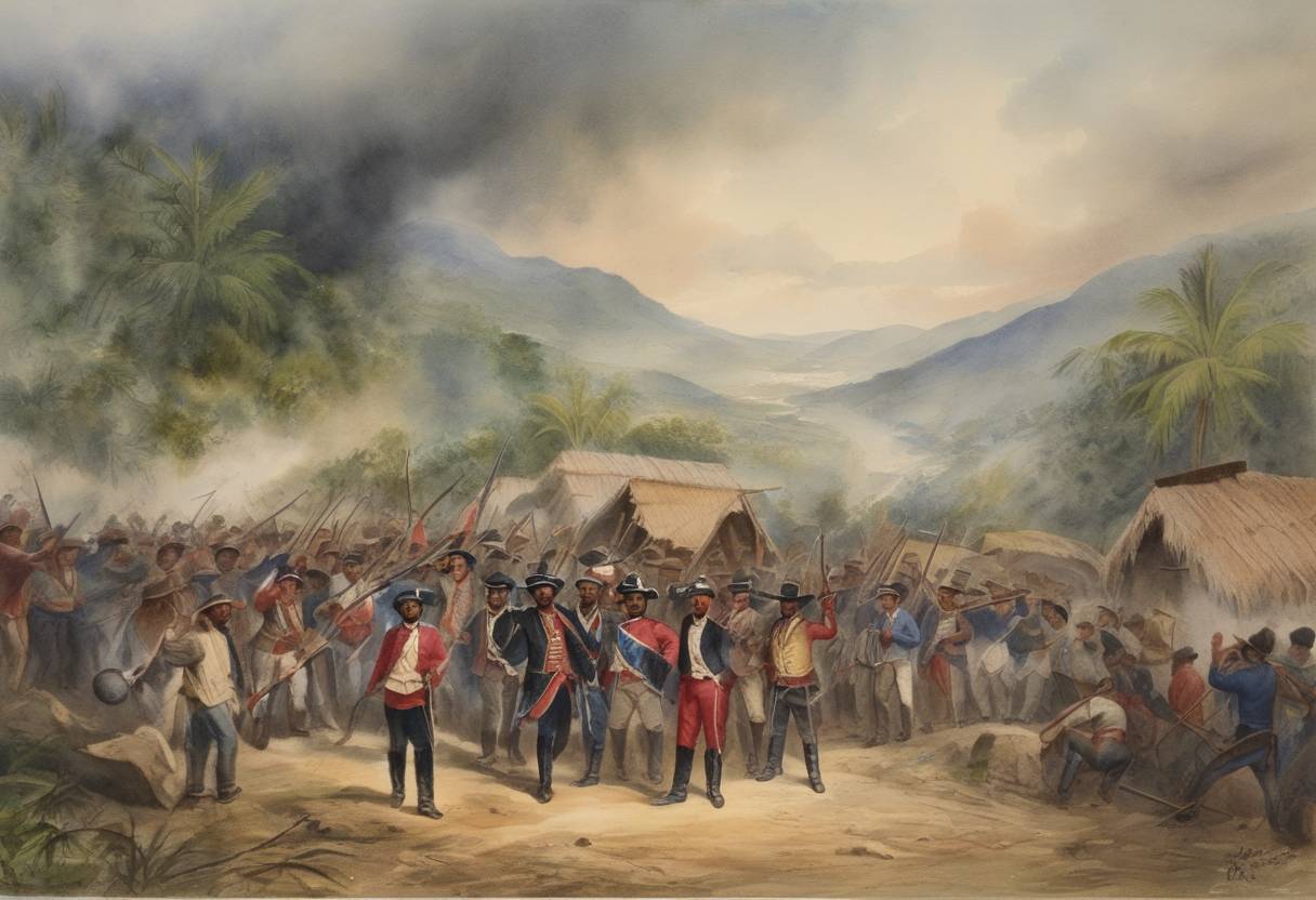 Watercolor painting based depiction of Grito de Lares, also known as the Lares uprising, marked an unsuccessful rebellion against Spanish rule in Puerto Rico. (1868)