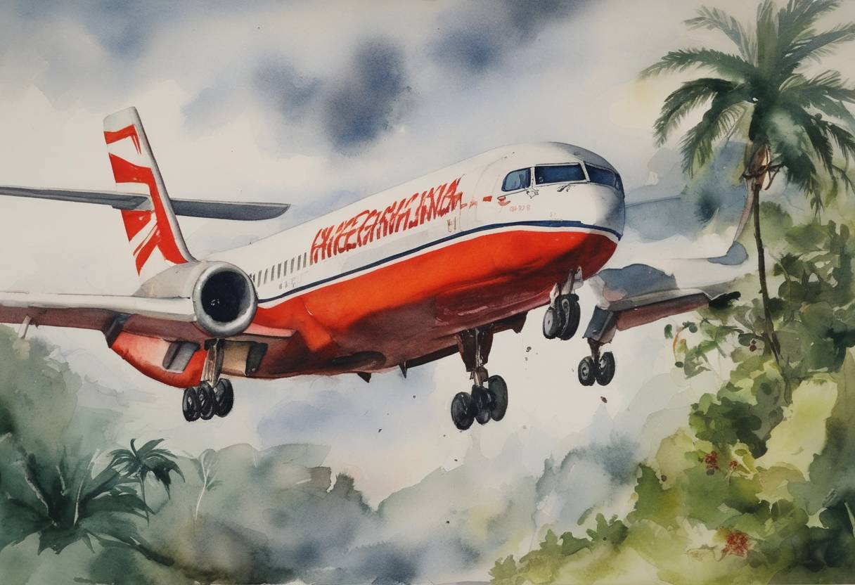 Watercolor painting based depiction of Avianca Flight 203 is bombed by the Medellín drug cartel, resulting in the deaths of all 107 people on board and 3 on-ground casualties. (1989)