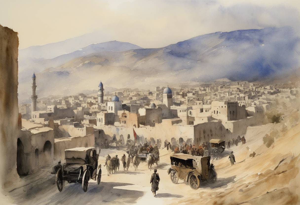 Watercolor painting based depiction of Arab forces under T.E. Lawrence capture Damascus during World War I, leading to the end of 400 years of Ottoman rule in the city. (1918)