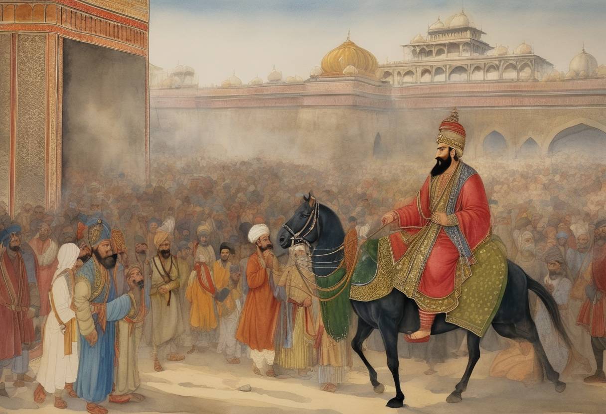 Watercolor painting based depiction of Timur, also known as Tamerlane, captured and sacked Delhi, leading to significant destruction and loss of life in the city. (1398)