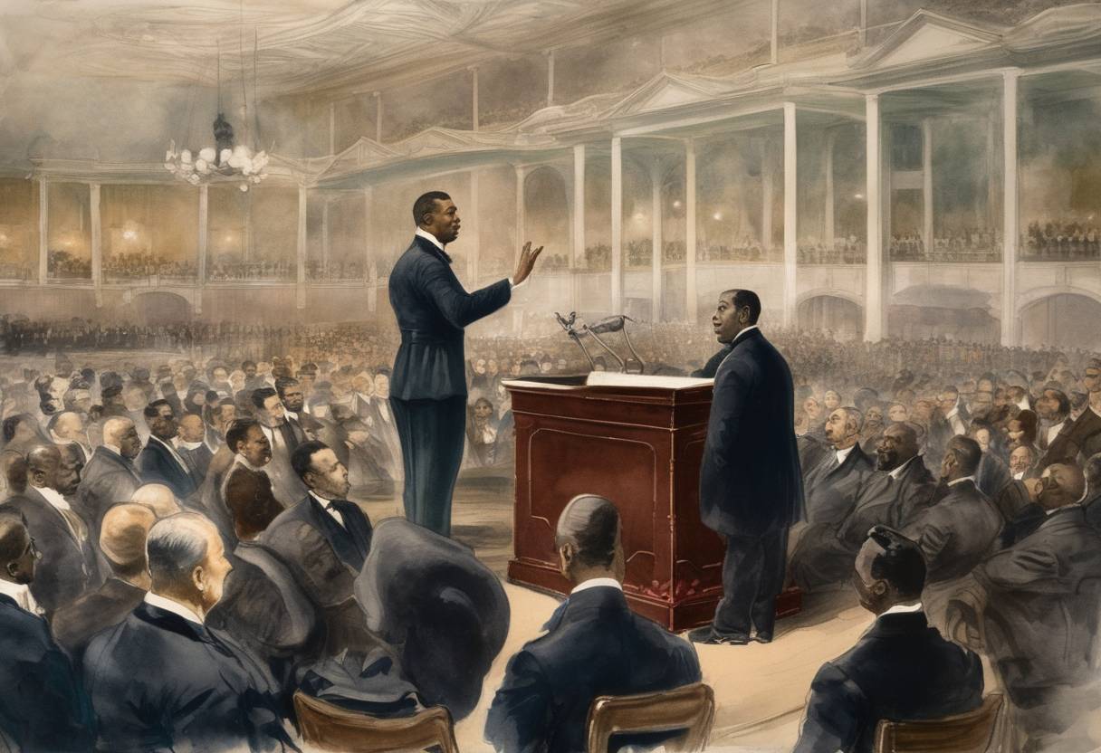 Watercolor painting based depiction of Booker T. Washington delivers the Atlanta Compromise speech at the Cotton States and International Exposition in Atlanta, Georgia. (1895)