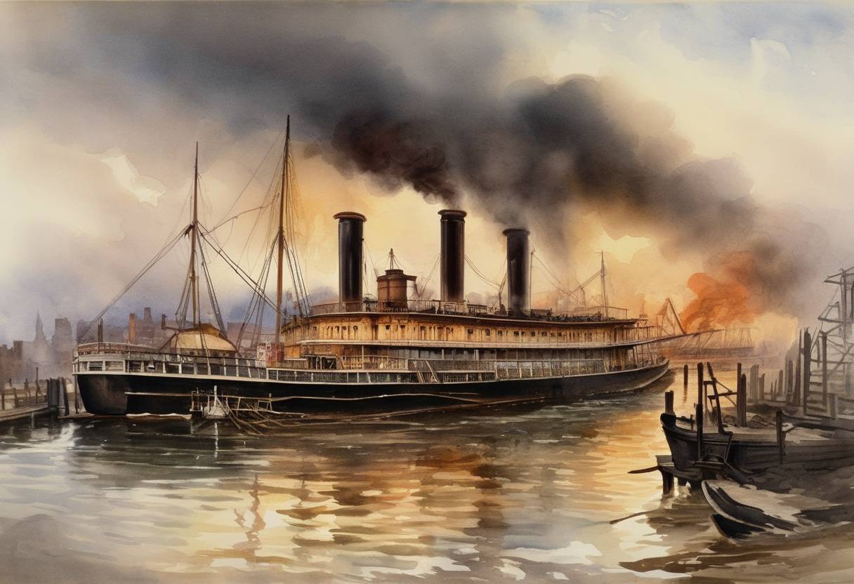 Watercolor painting based depiction of The steamboat General Slocum was destroyed by fire, leading to significant loss of life. (1904)