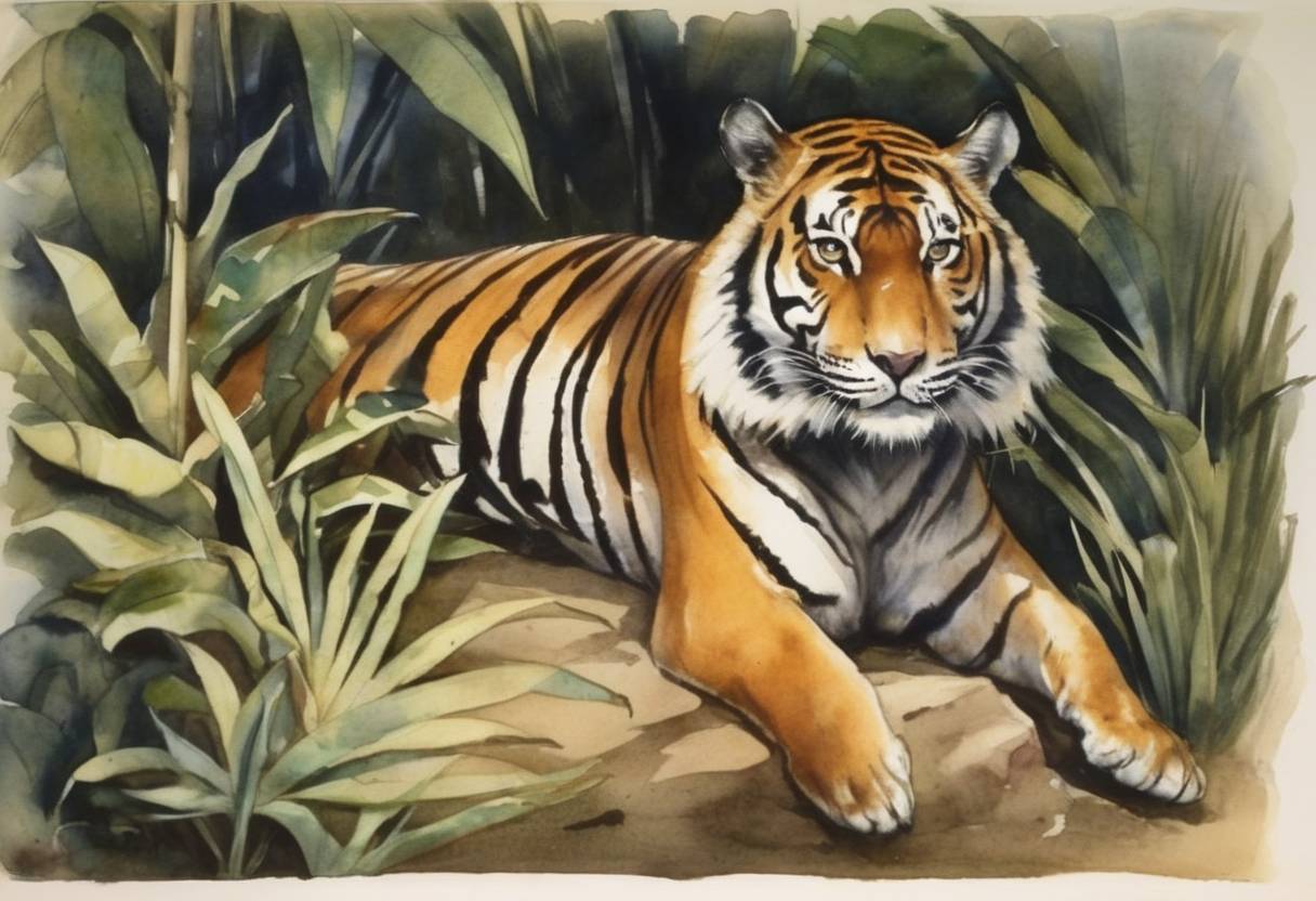 Watercolor painting based depiction of The Bali Tiger is declared extinct in the wild due to habitat loss and hunting. (1937)