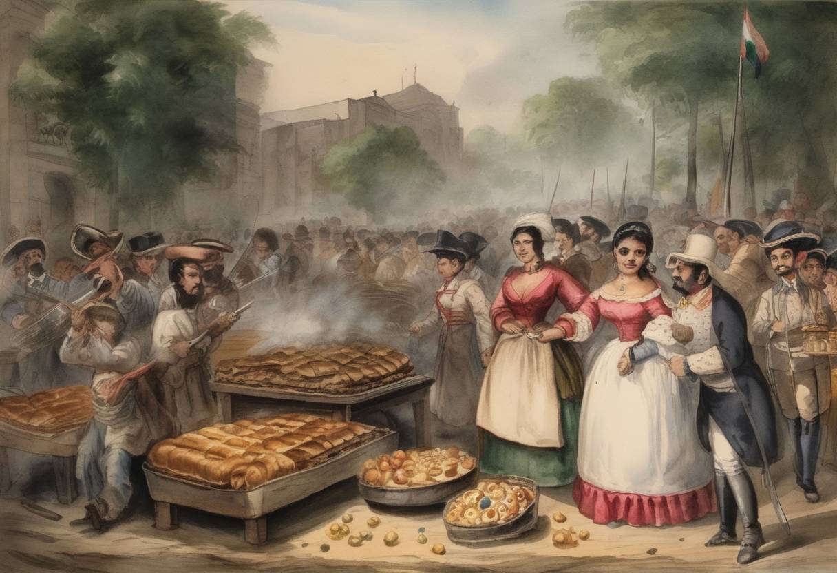 Watercolor painting based depiction of The final stage of the Pastry War began when the French demanded compensation for losses incurred due to civil disturbances in Mexico. (1838)