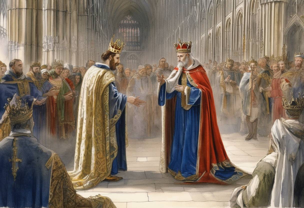 Watercolor painting based depiction of Stephen of Blois is crowned King of England in Westminster Abbey, marking the beginning of the period of civil war known as The Anarchy. (1135)
