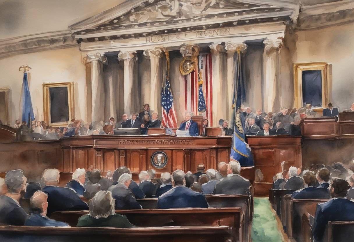 Watercolor painting based depiction of The United States House of Representatives passed the Protecting Our Democracy Act, aimed at limiting the powers of the executive and strengthening checks and balances. (2021)