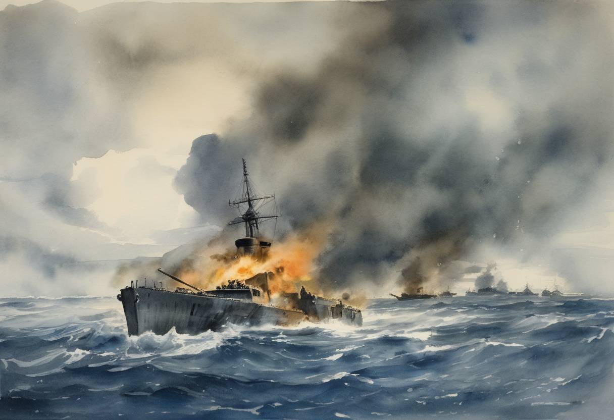 Watercolor painting based depiction of The Battle of Tassafaronga occurred off the coast of Guadalcanal during World War II. A Japanese task force successfully challenged a larger U.S. Navy force, causing significant damage despite American numerical superiority. This battle was part of the broader Guadalcanal Campaign, crucial for control in the Pacific Theater. (1942)