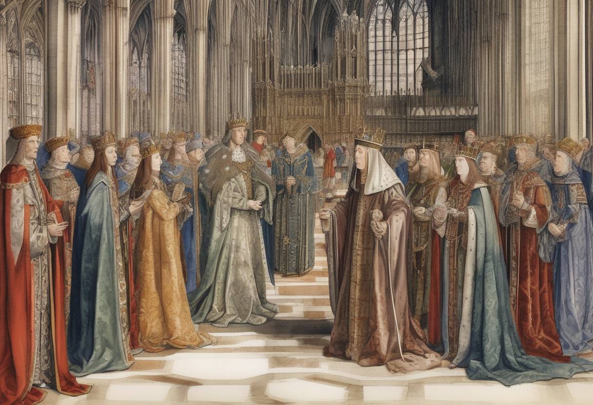 Watercolor painting based depiction of Henry VII of England was crowned at Westminster Abbey, marking the beginning of the Tudor dynasty. (1485)