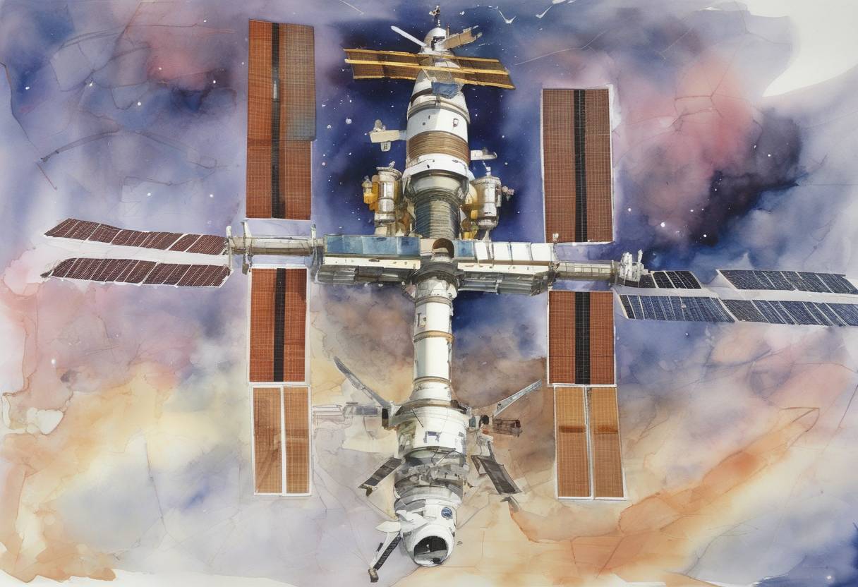 Watercolor painting based depiction of The first module of the International Space Station (ISS), Zarya, was launched from the Baikonur Cosmodrome in Kazakhstan. This marked the beginning of the construction of the ISS, a collaborative project involving multiple countries and space agencies. (1998)