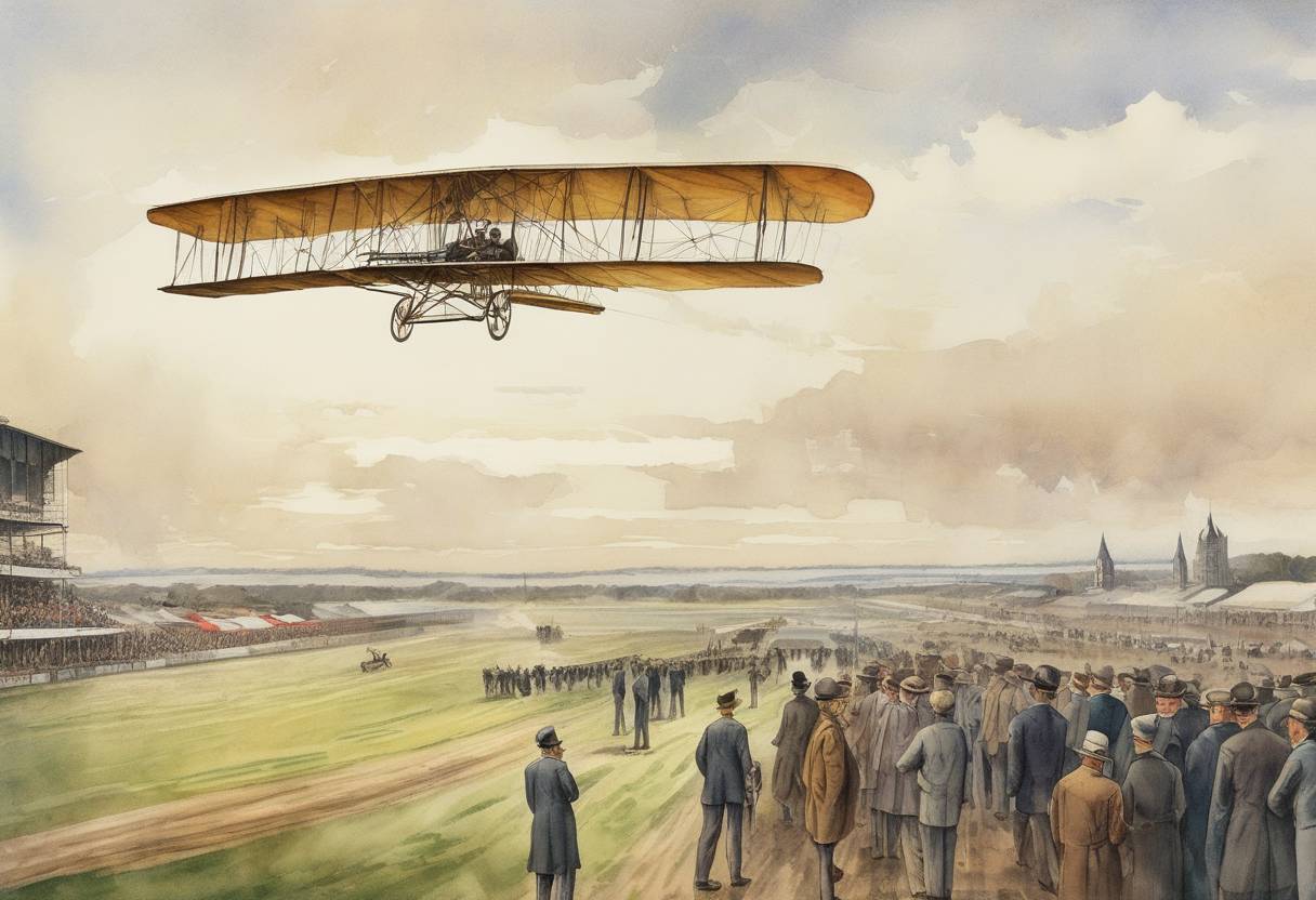 Watercolor painting based depiction of Wilbur Wright makes his first flight at a racecourse at Le Mans, France. It is the Wright brothers' first public flight. (1908)