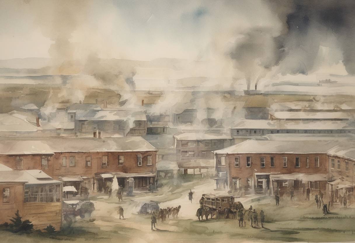 Watercolor painting based depiction of The first confirmed cases of the Spanish flu were reported at Fort Riley, Kansas, marking the beginning of the 1918 influenza pandemic. (1918)