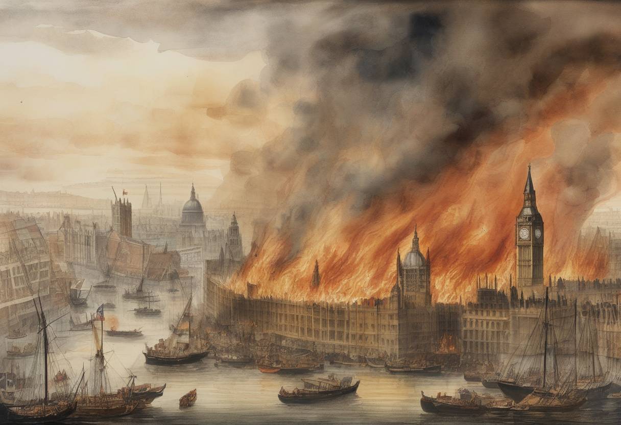 Watercolor painting based depiction of The Great Fire of London, which began on September 2, was finally extinguished after destroying a large part of the city, including 13,200 houses, 87 parish churches, and St. Paul's Cathedral. (1666)