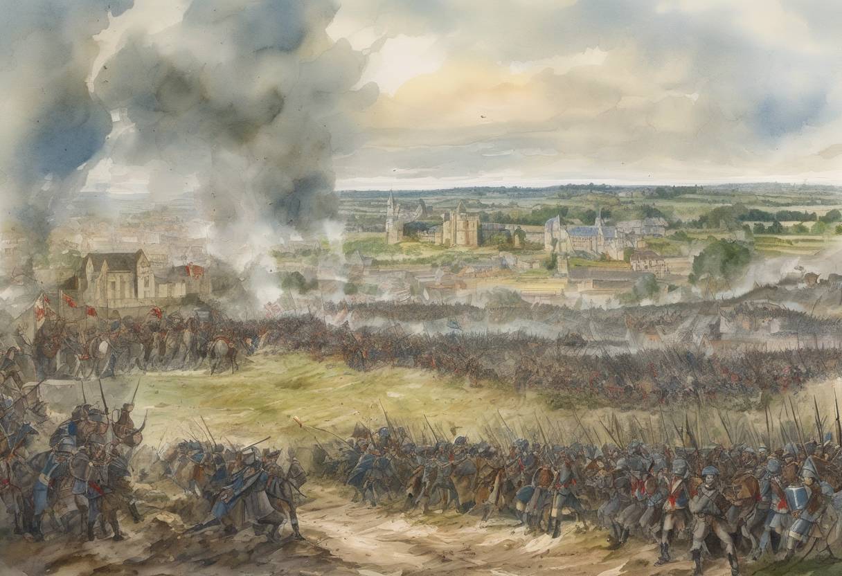Watercolor painting based depiction of The Battle of Soissons took place, where King Charles III of France was defeated by the forces of Robert I of France, leading to significant political changes in the West Frankish Kingdom. (918)
