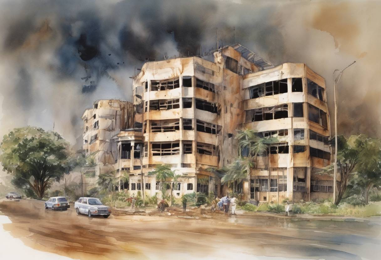 Watercolor painting based depiction of The United States embassies in Dar es Salaam, Tanzania, and Nairobi, Kenya, were bombed by al-Qaeda, resulting in 224 deaths and over 4,000 injuries. (1998)