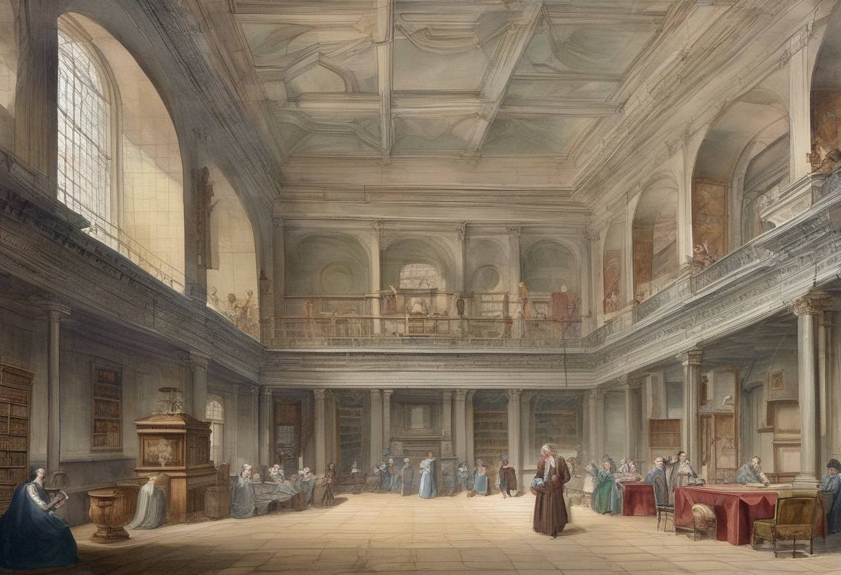Watercolor painting based depiction of The Royal Society, a learned society for science, is founded in London. (1660)