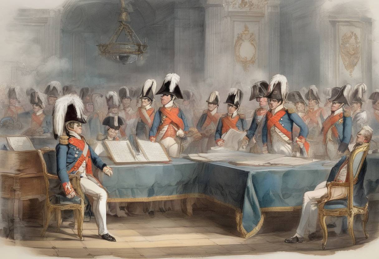 Watercolor painting based depiction of The Napoleonic Code, a fundamental set of laws for France, was enacted. It served as a major influence on civil law codes worldwide. (1804)