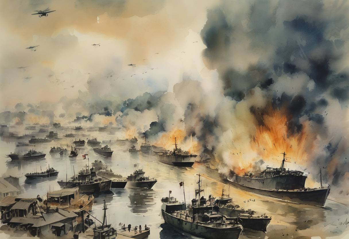 Watercolor painting based depiction of French naval bombardment of the Vietnamese city of Haiphong kills thousands, escalating tensions that lead to the First Indochina War. (1946)