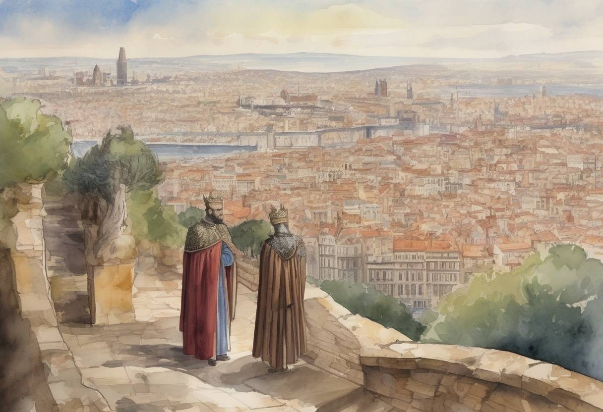 Watercolor painting based depiction of King Louis the Pious captures Barcelona from the Moors, marking a significant expansion of the Carolingian Empire into the Iberian Peninsula. (801)