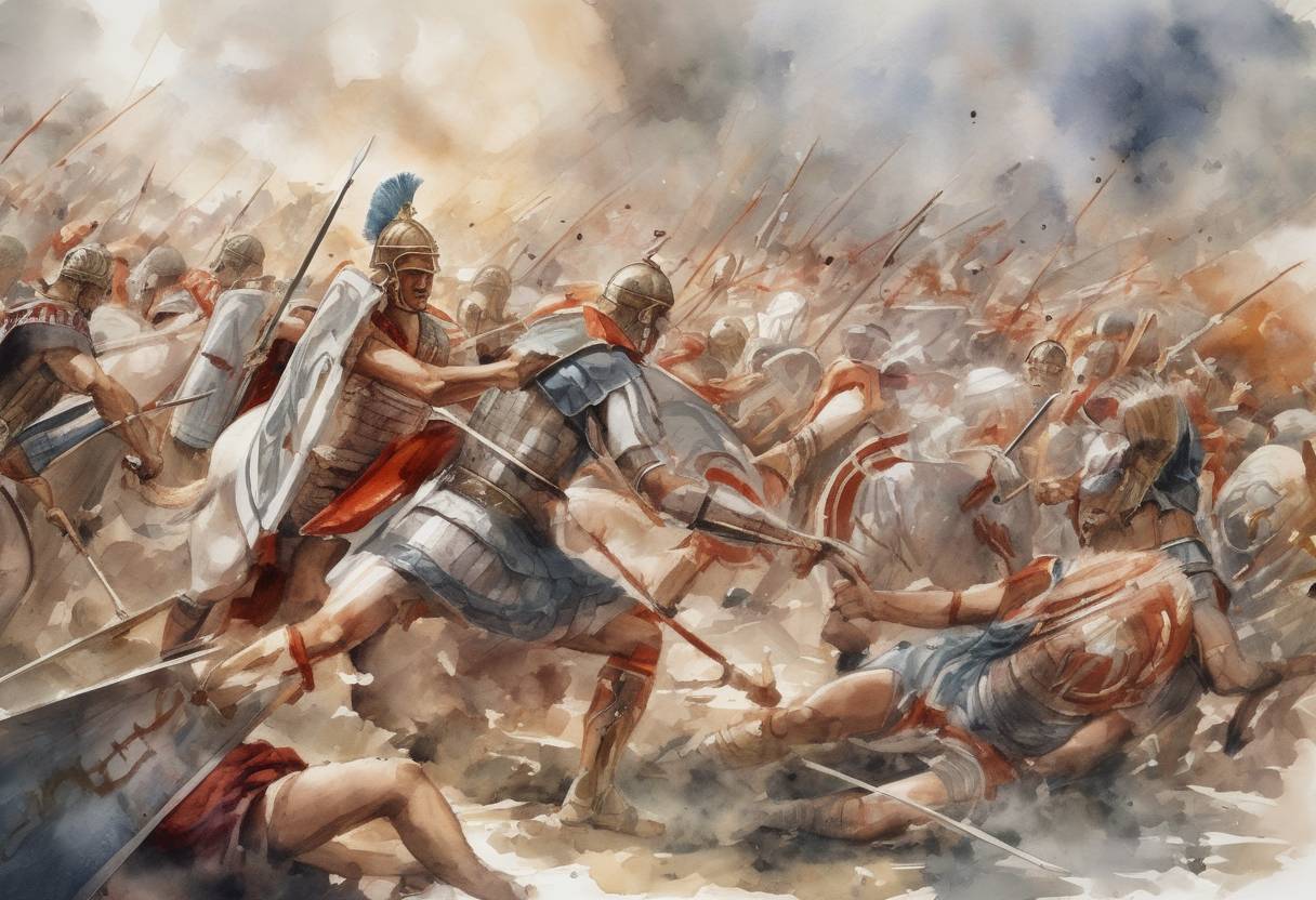 Watercolor painting based depiction of The Second Battle of Bedriacum took place, where the forces of Vespasian defeated the army of Emperor Vitellius, leading to Vespasian's rise to power as Roman Emperor. (69)