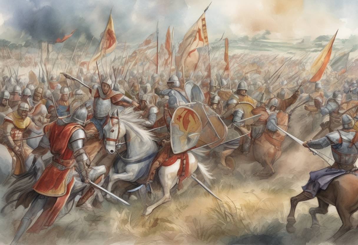 Watercolor painting based depiction of The Battle of Tertry takes place, where Pepin of Herstal defeats Theuderic III, consolidating his power over the Frankish territories. (687)