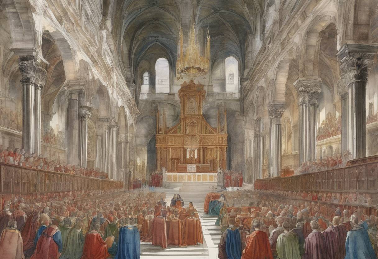 Watercolor painting based depiction of The Council of Trent, an ecumenical council of the Roman Catholic Church, began in Trento, Italy. It was one of the Church's most important councils, prompted by the Protestant Reformation, and it played a crucial role in the Counter-Reformation. (1545)