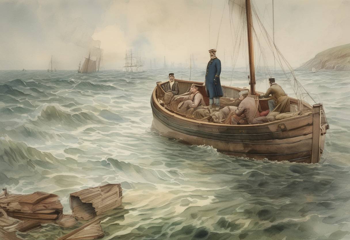 Watercolor painting based depiction of Captain Matthew Webb became the first person to swim across the English Channel, from Dover to Calais, in less than 22 hours. (1875)
