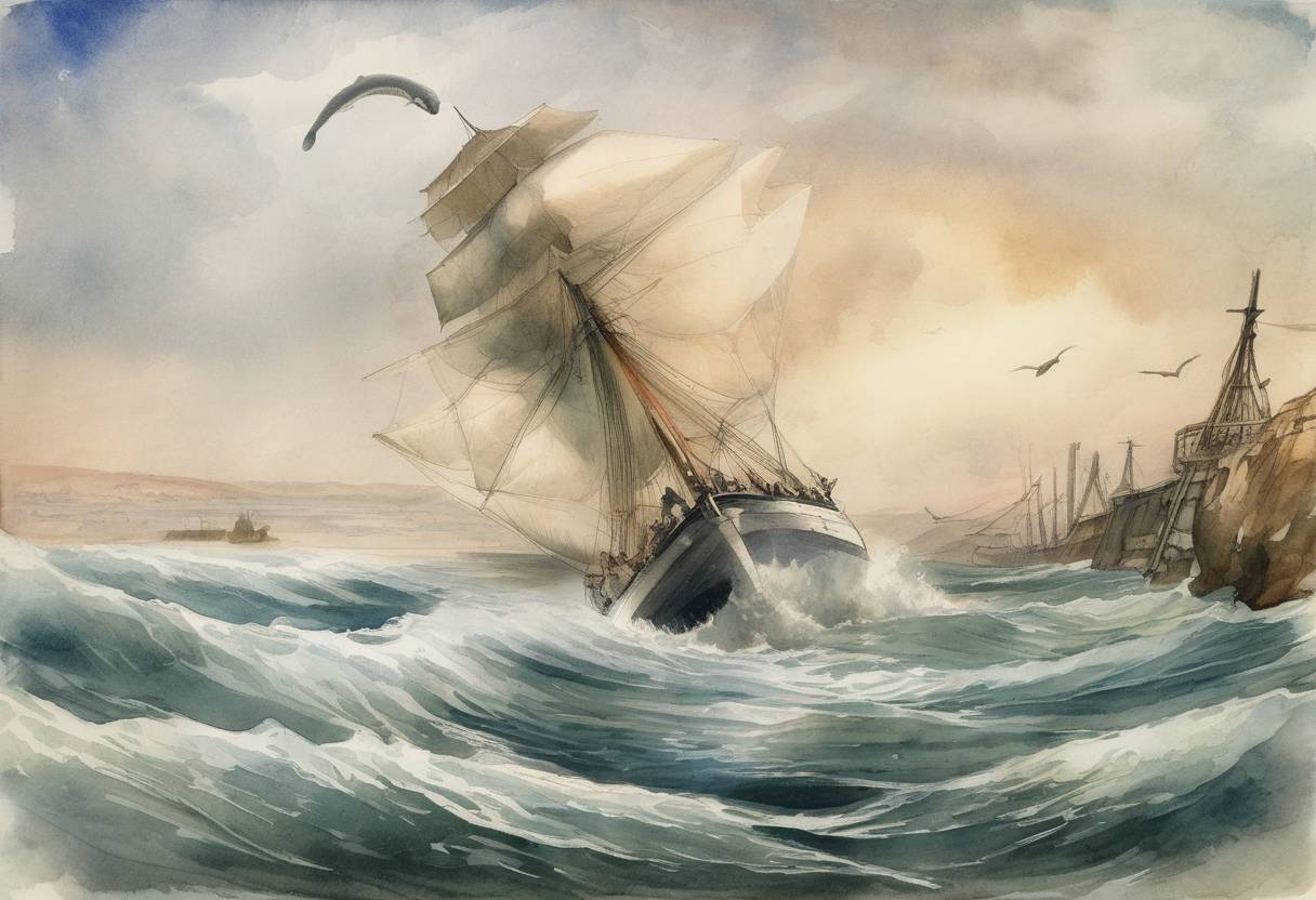 Watercolor painting based depiction of Herman Melville's novel 'Moby-Dick' was first published as 'The Whale' by Richard Bentley in London. (1851)