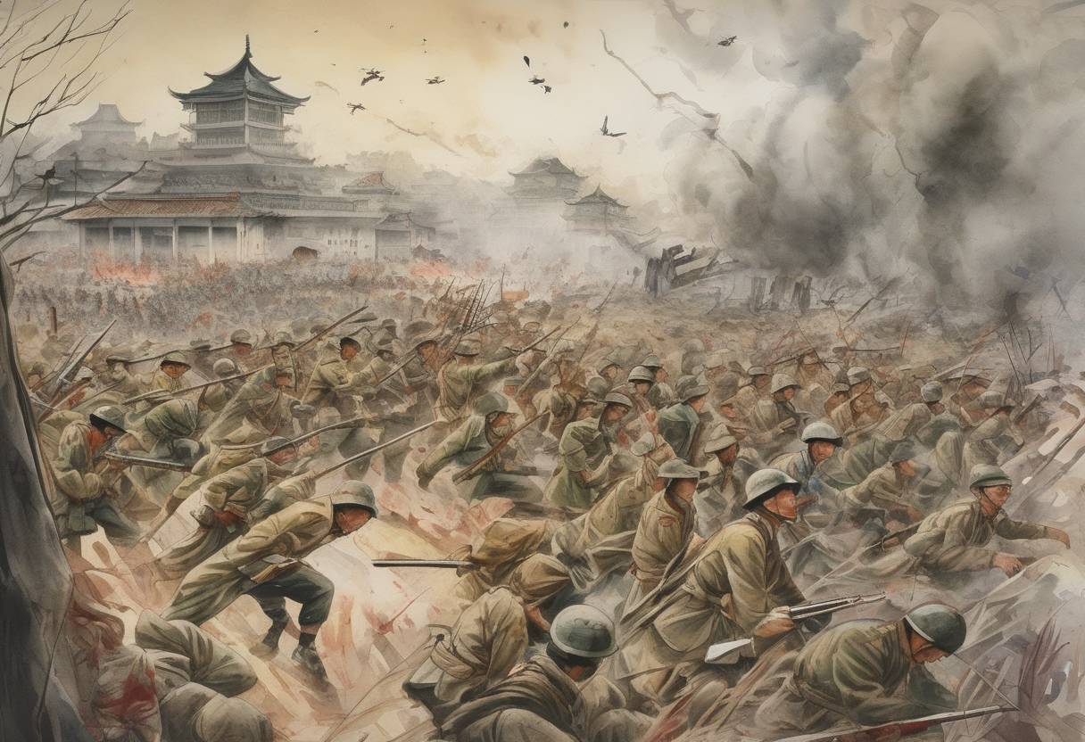 Watercolor painting based depiction of The Nanking Massacre begins as Japanese troops capture Nanjing, China. (1937)