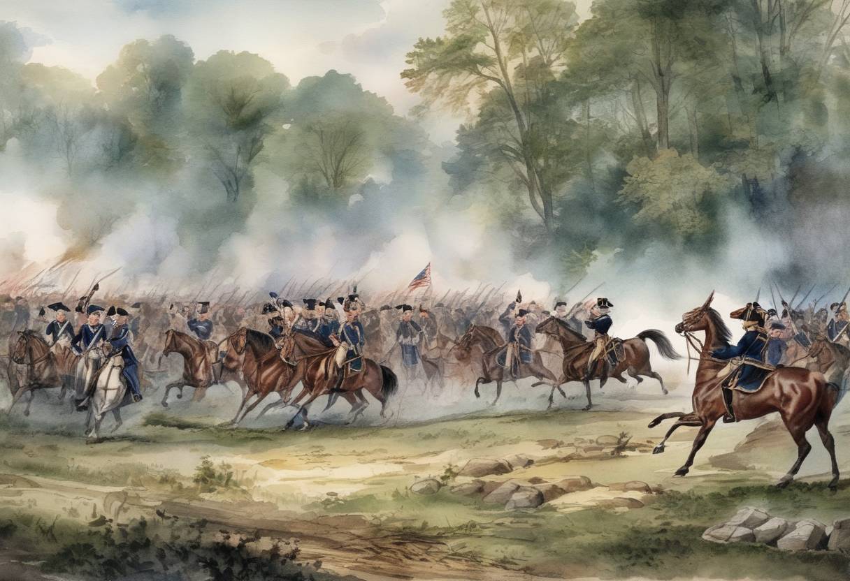Watercolor painting based depiction of The First Battle of Saratoga, also known as the Battle of Freeman's Farm, occurred during the American Revolutionary War. American forces under General Horatio Gates engaged British troops led by General John Burgoyne. (1777)