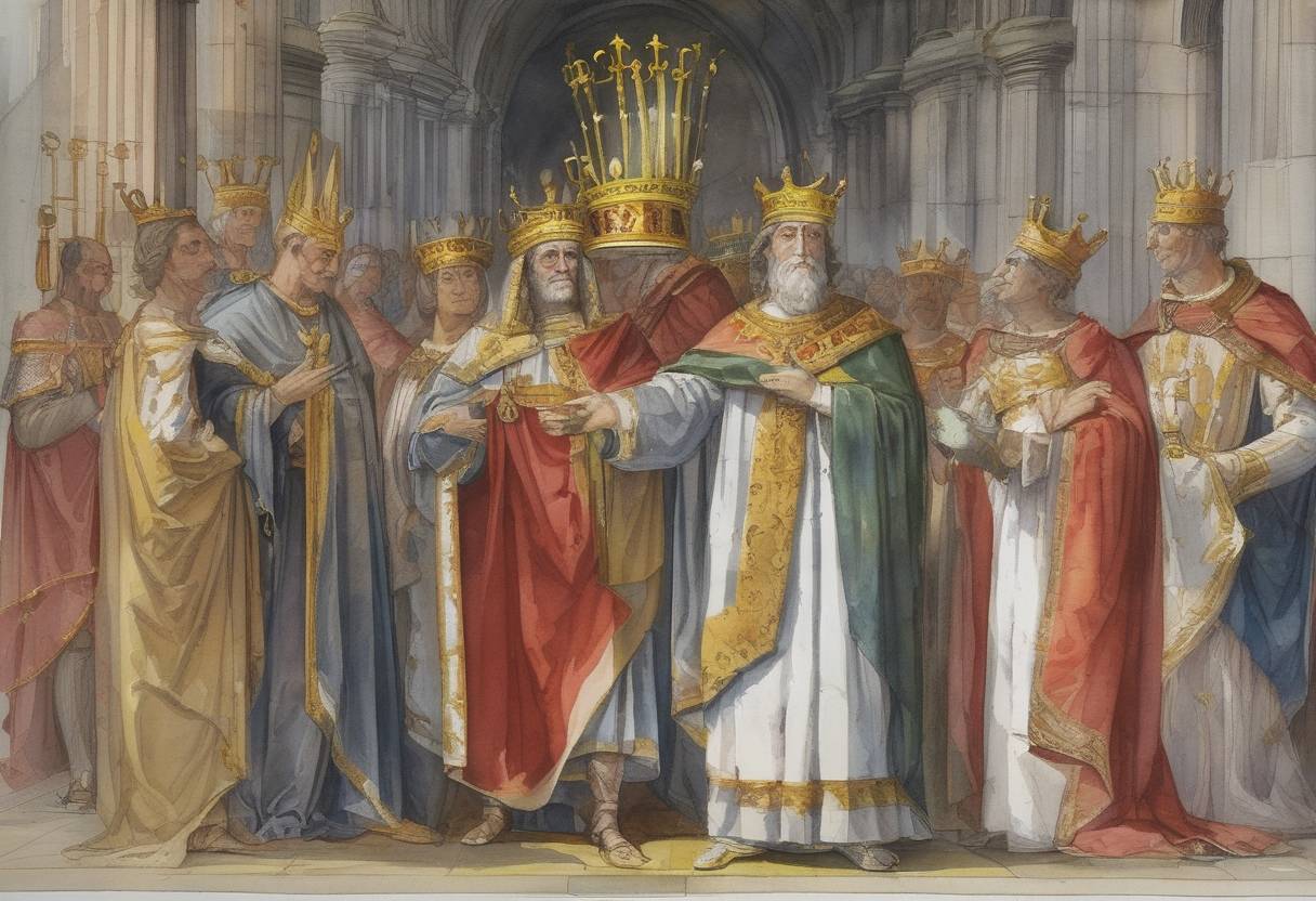 Watercolor painting based depiction of Philip of Swabia was crowned King of the Romans. (1205)