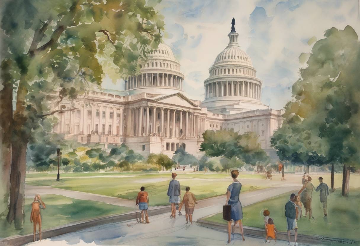 Watercolor painting based depiction of The Higher Education Act of 1965 was signed into law by President Lyndon B. Johnson, which increased federal money given to universities, created scholarships, and provided low-interest loans for students. (1965)