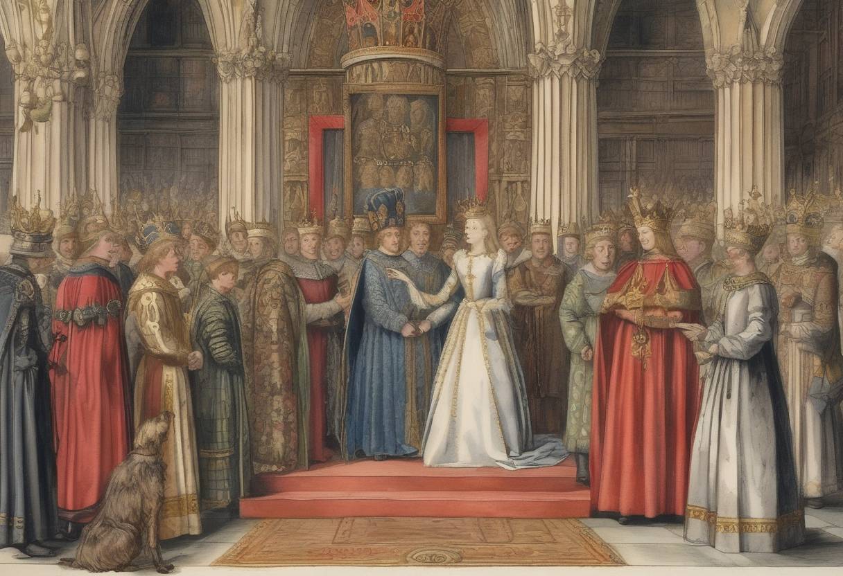Watercolor painting based depiction of The ten-year-old Lambert Simnel is crowned in Dublin as "King Edward VI" of England, in a Yorkist attempt to threaten Henry VII's reign. (1487)