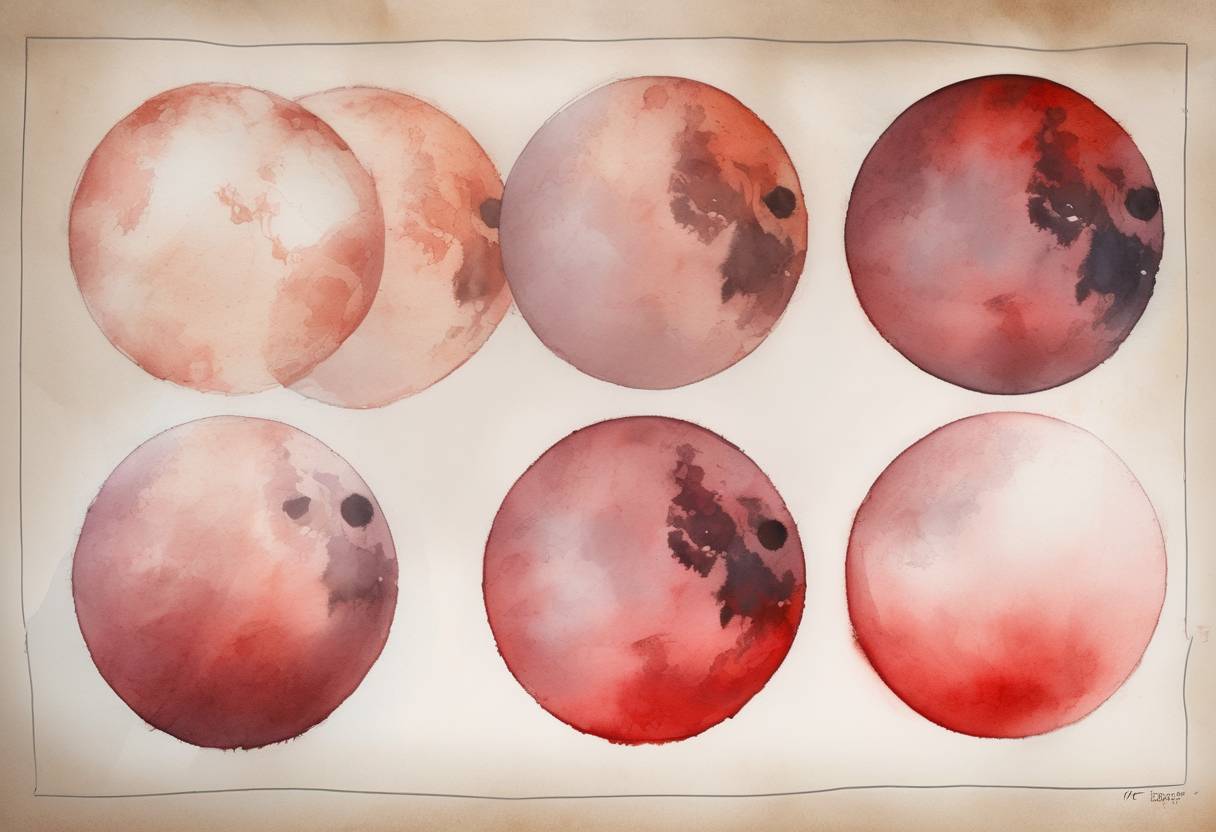 Watercolor painting based depiction of The longest total lunar eclipse of the 21st century occurs, lasting approximately 1 hour and 43 minutes, and is visible across much of Europe, Asia, Australia, Africa, and South America. (2018)