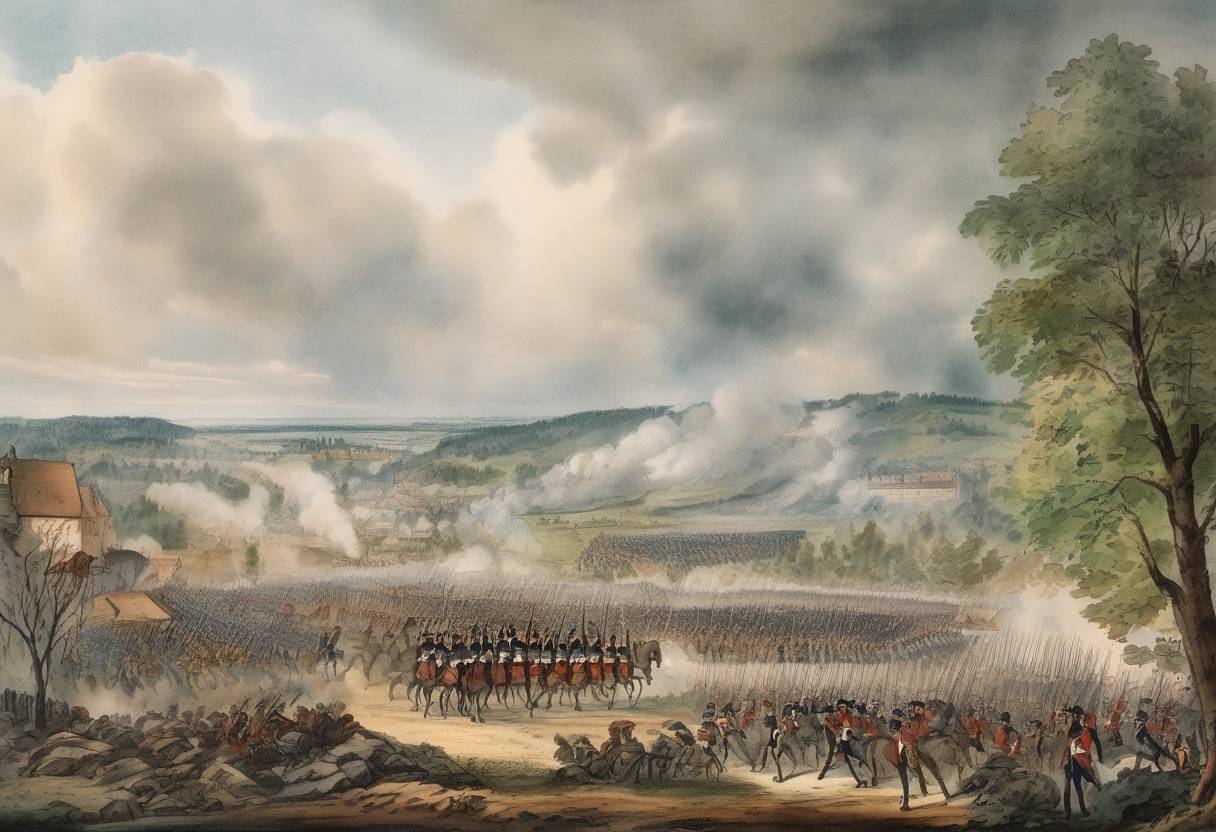 Watercolor painting based depiction of The Battle of Jena-Auerstedt occurred, where Napoleon's forces decisively defeated the Prussian army. (1806)